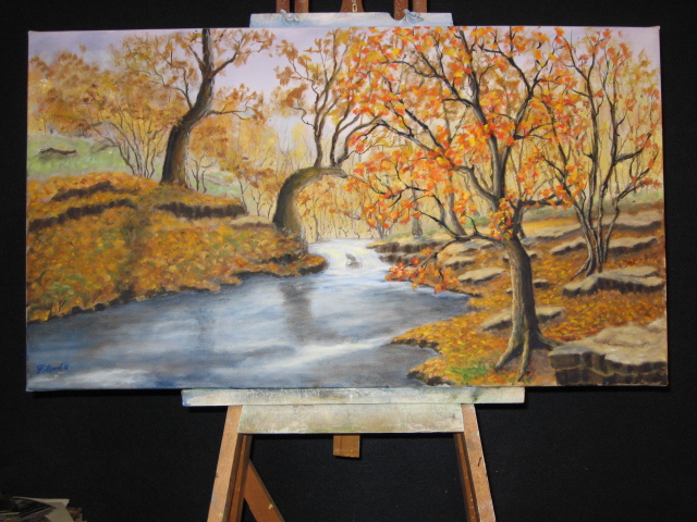 Autumn Landscape is an oil painting, 18 x 32 inches, on stretched canvas