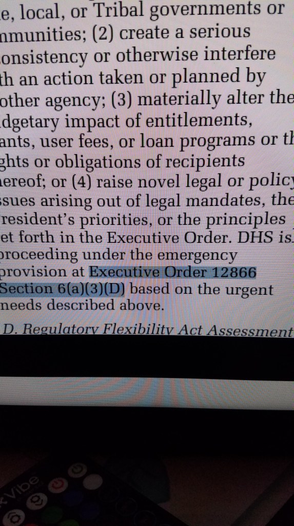 DHS is proceeding under the emergency provision at Executive Order 12866 Section 6(a)(3)(D) - photoExcerpt from Federal Register printed on 04-27-2020