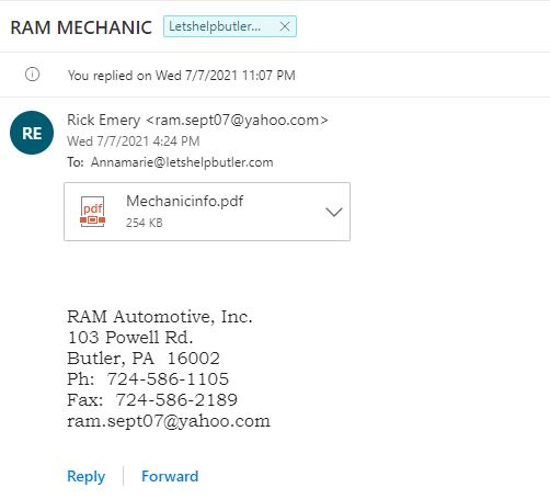 RAM Automotive, Inc. 103 Powell Rd. Butler, PA  16002 Ph:  724-586-1105 Fax:  724-586-2189 ram.sept07@yahoo.com