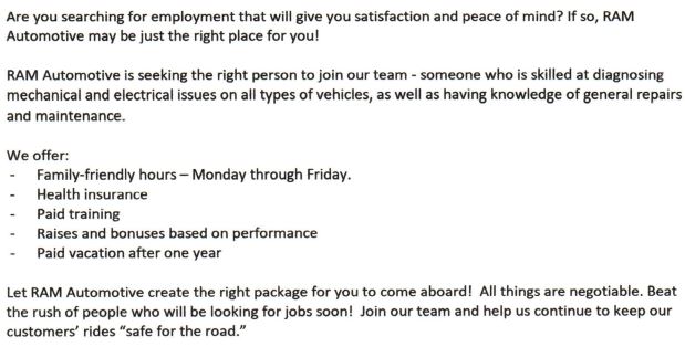 RAM Automotive, Inc. 103 Powell Rd. Butler, PA  16002 Ph:  724-586-1105 Fax:  724-586-2189 ram.sept07@yahoo.com