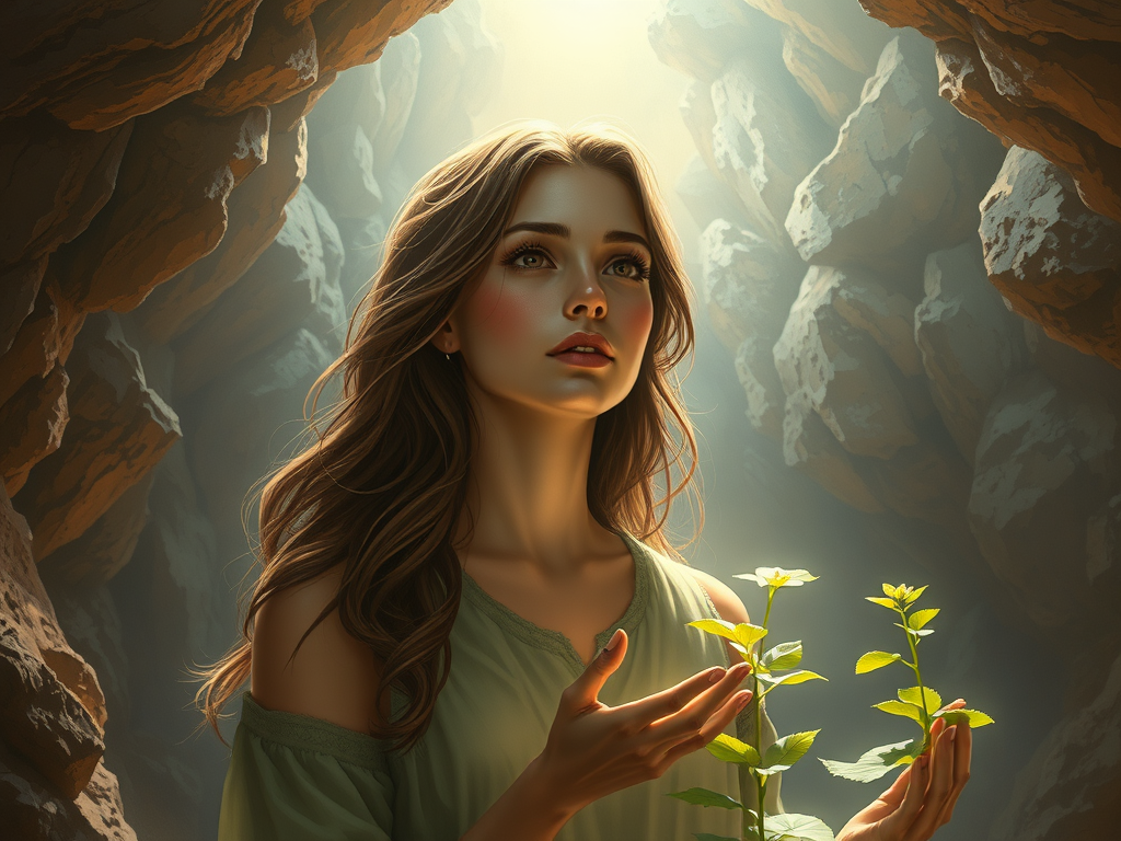 Woman in a cave surrounded by light standing by two growing plants.