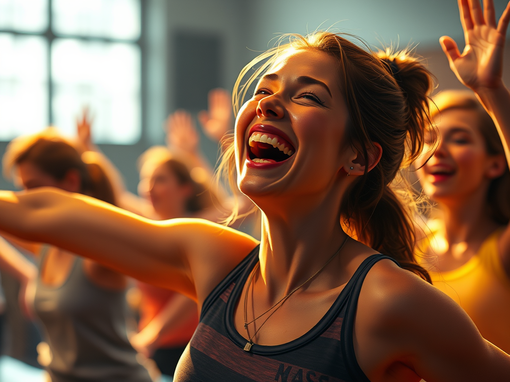 Smiling woman in exersize class.